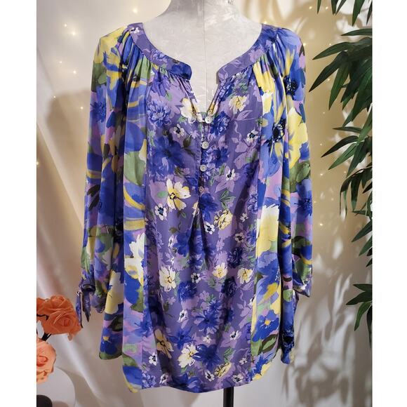 Anthro Figueroa & Flower Floral 3/4 Sleeve Shell Button Popover Blouse Plus 3X - Picture 1 of 11